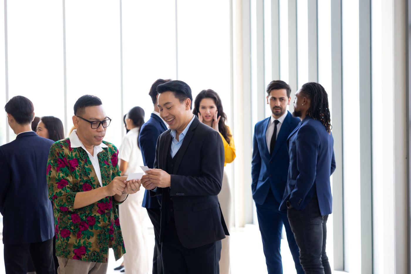 Buyers and sellers discussing deals at a fruit trade exhibition